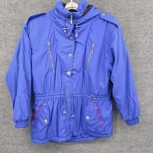 VINTAGE Skiing Passport Jacket Womens L Blue Hooded Insulated Ski Parka 80s